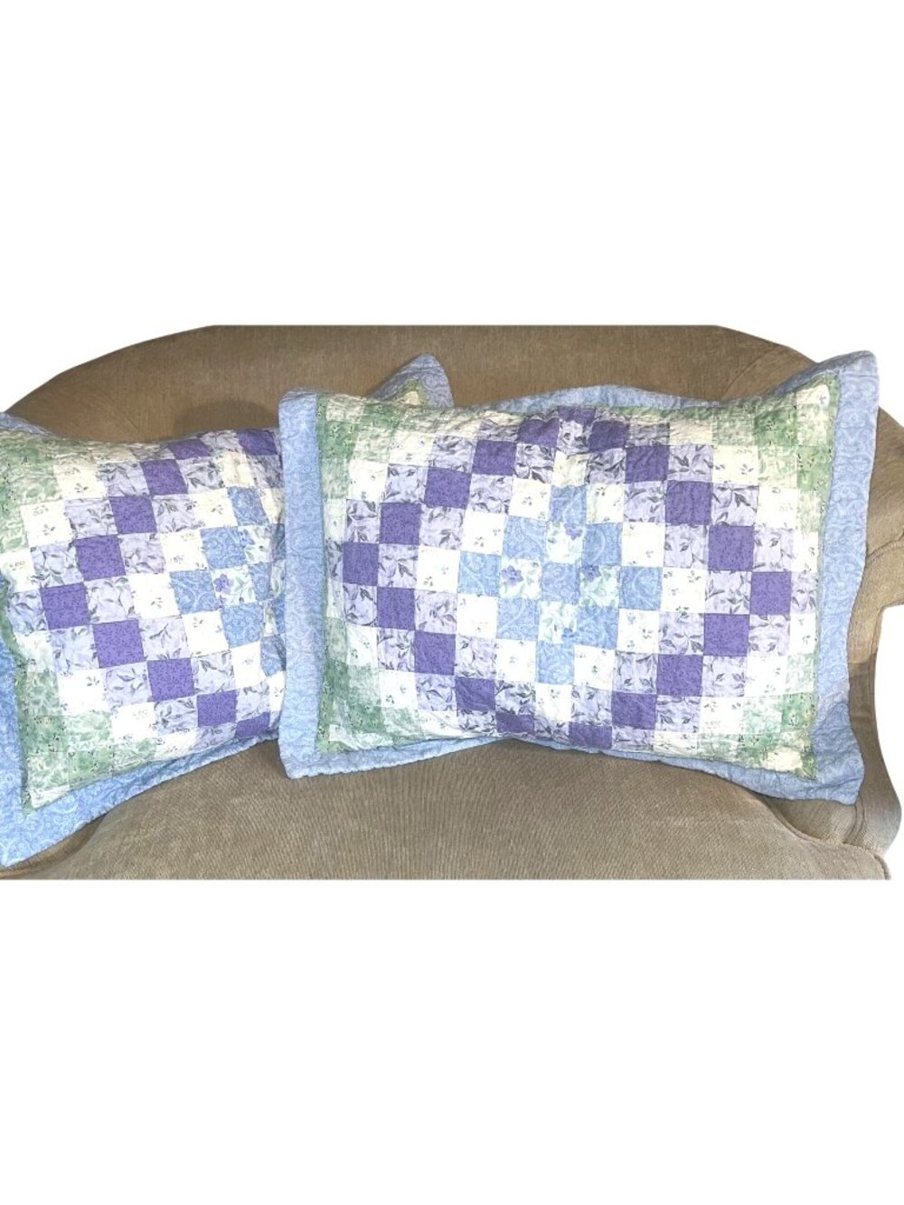 Handmade Patchwork Quilted Pillow Covers GRN BLU WHT Set Of 2 Envelope Closure